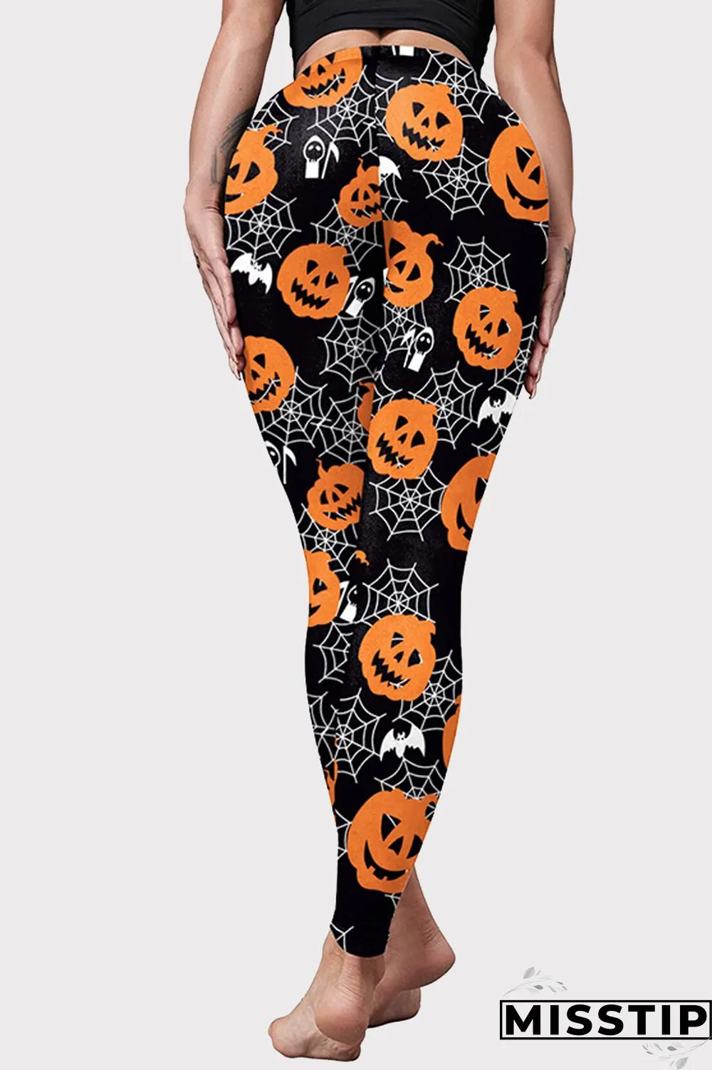 Black Halloween Fashion Casual Basic Print High Waist Skinny Trousers