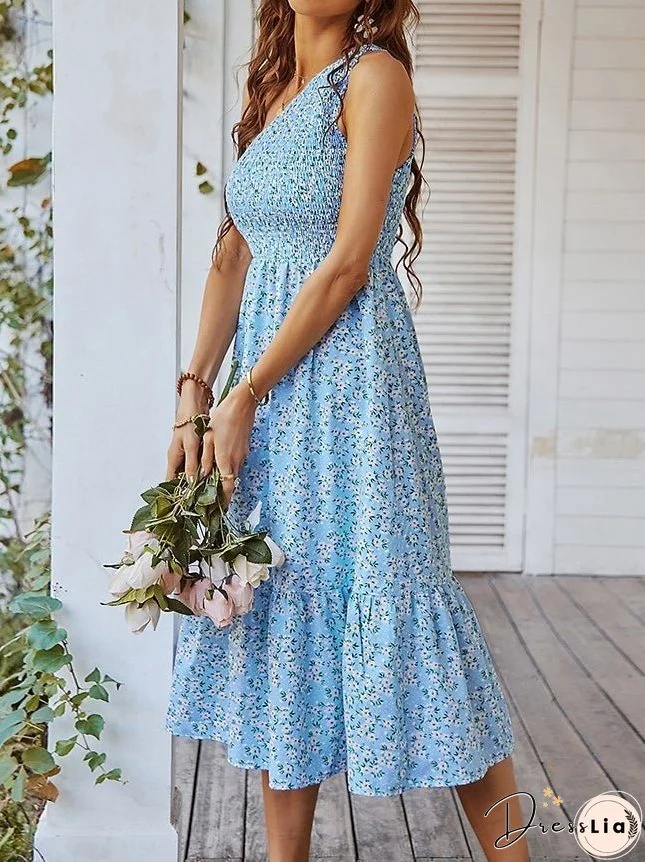 Women's Dresses Sloping Shoulder Floral Print Midi Dress