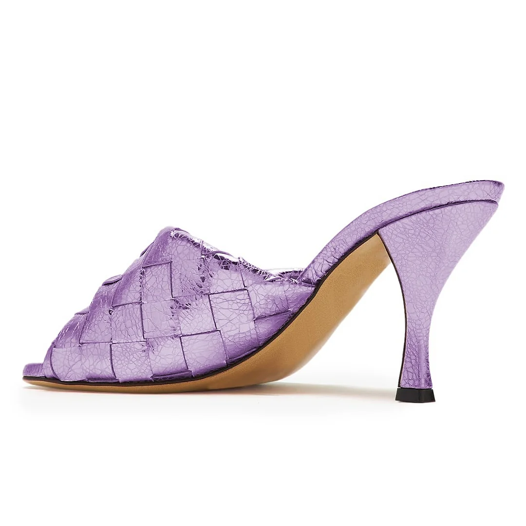 YDN Trendy Open Toe Woven Slip-On Spool Heeled Mules in Purple