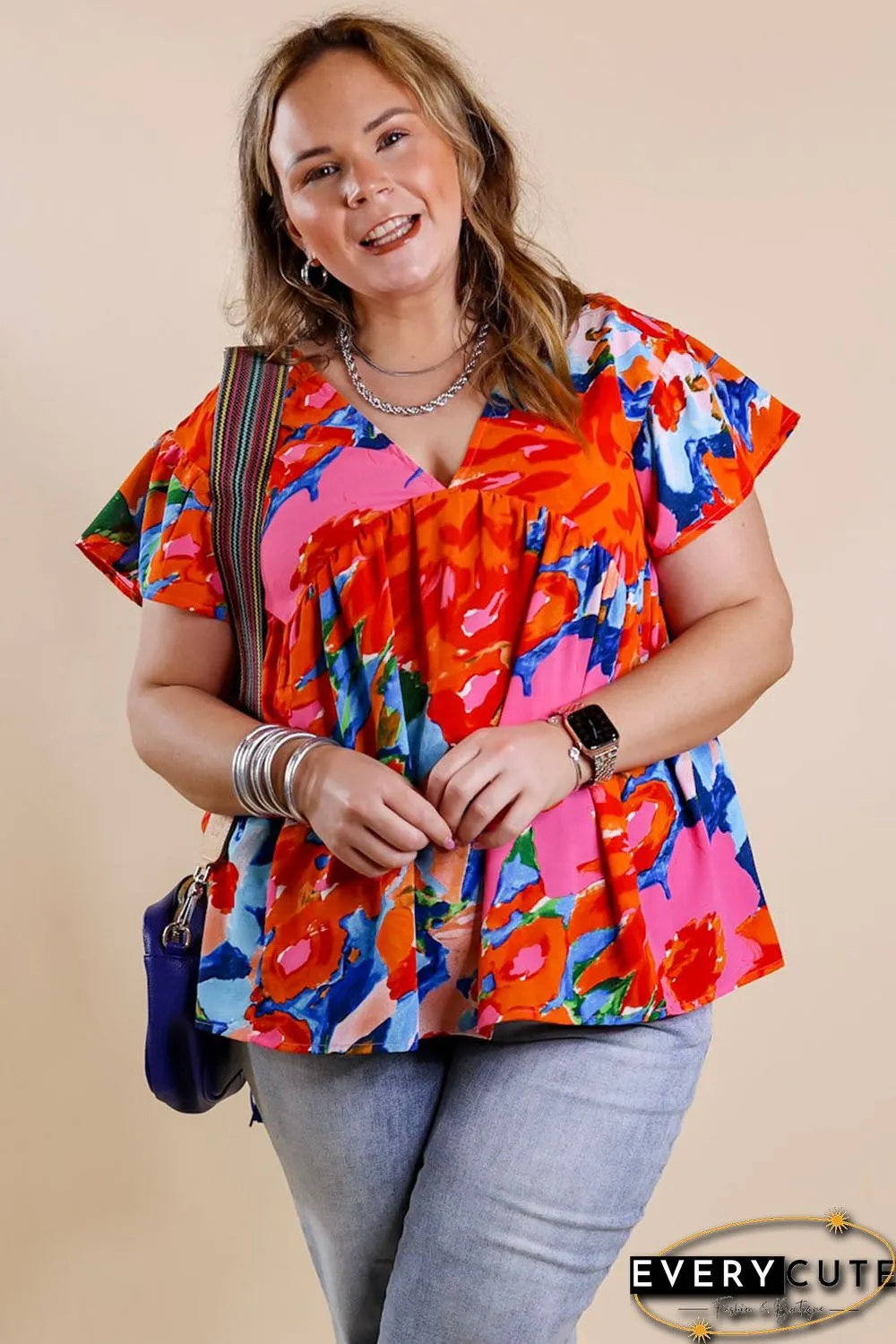 Red Abstract Floral Print V Neck Plus Blouse