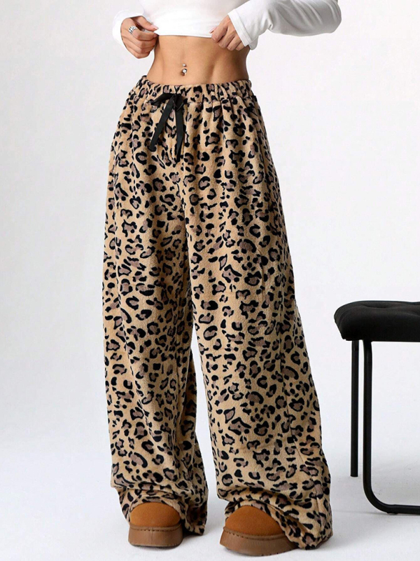 Mature Women Autumn And Winter New Casual Pants Leopard Print Lace-Up Wide-Leg Pants