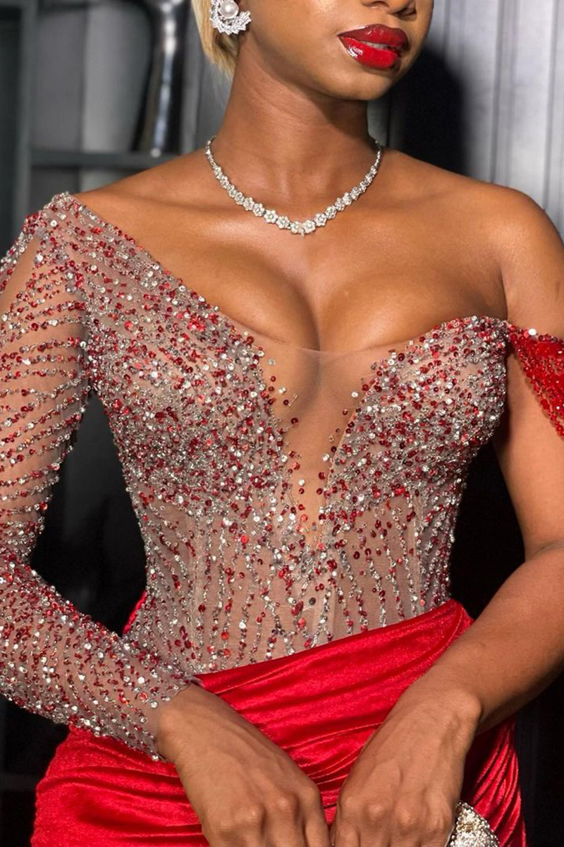 Plus Size Red Formal Sequin See-Through High Slit Satin Maxi Dress