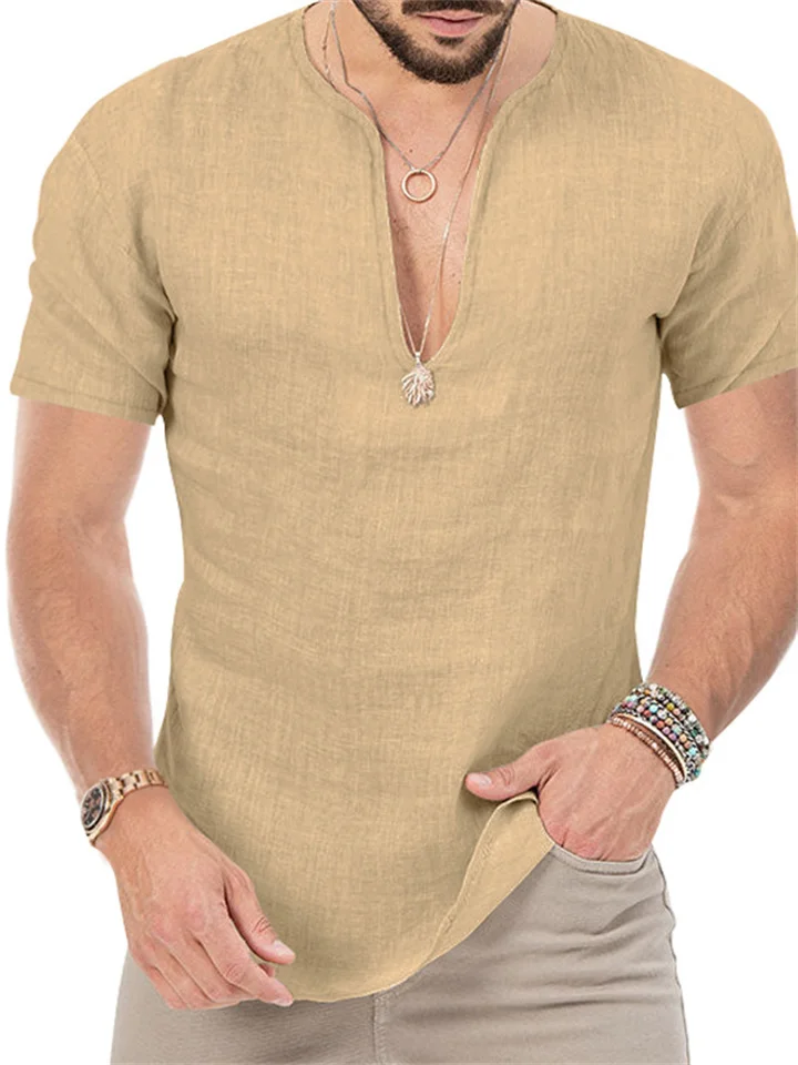 V-neck Short-sleeved Men's Casual Linen Slim Short-sleeved T-shirt Tops | 168DEAL