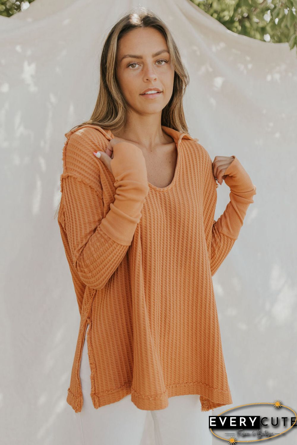 Orange Distressed Seam Trim Waffle Knit Top
