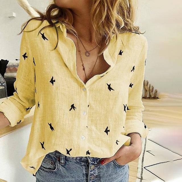 Women's Birds Print Shirts 35% Cotton Long Sleeve Female Tops Spring Summer Loose Casual Office Ladies Shirt Plus Size 5XL