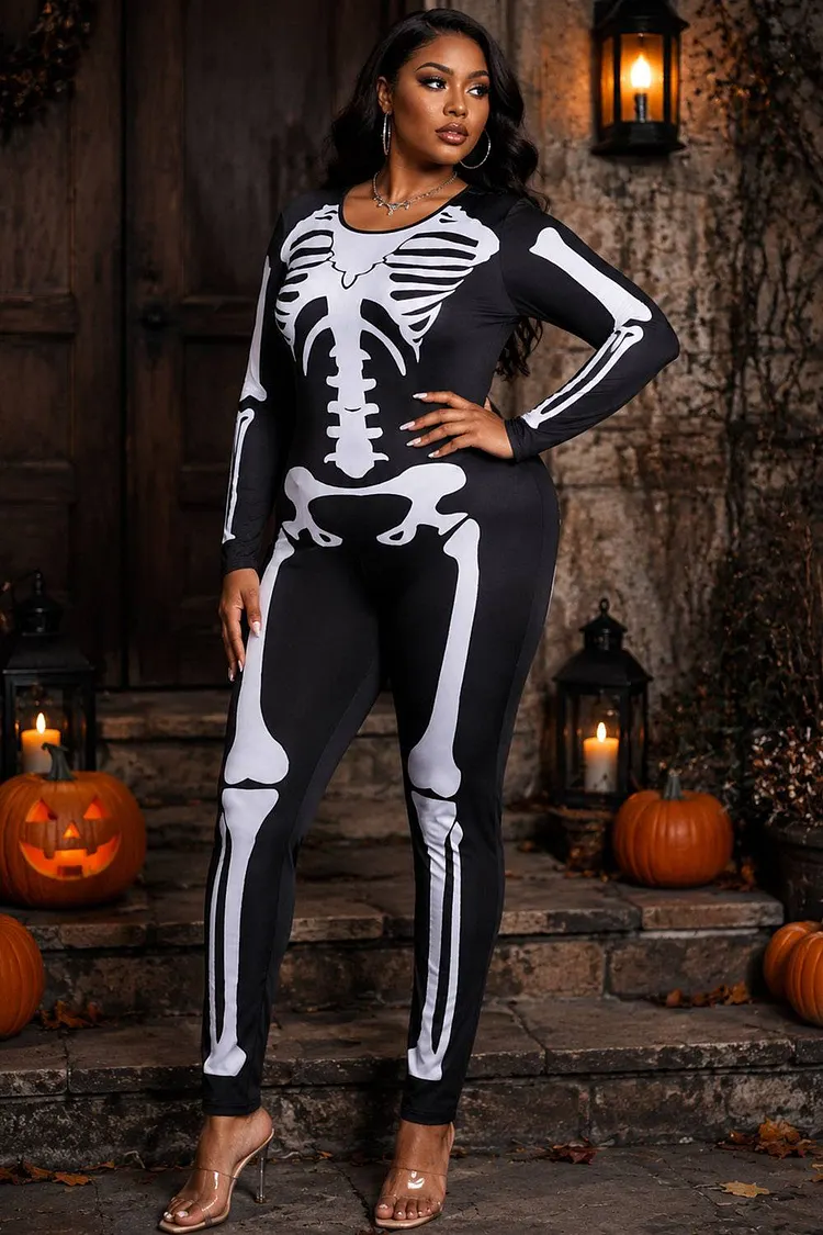 Xpluswear Design Plus Size Halloween Costume Gothic Skeleton Print Long Sleeve Knitted Jumpsuit（Ships 24h） 2024 - Xpluswear
