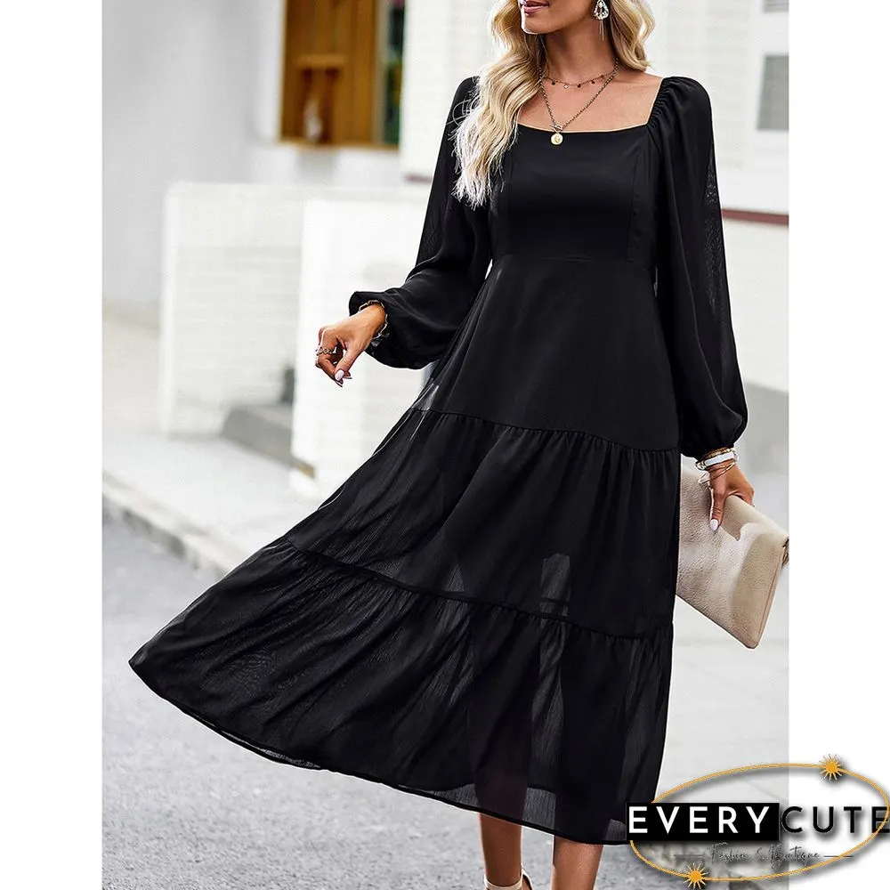 Black Solid Square Neck Pocket Long Sleeve Dress