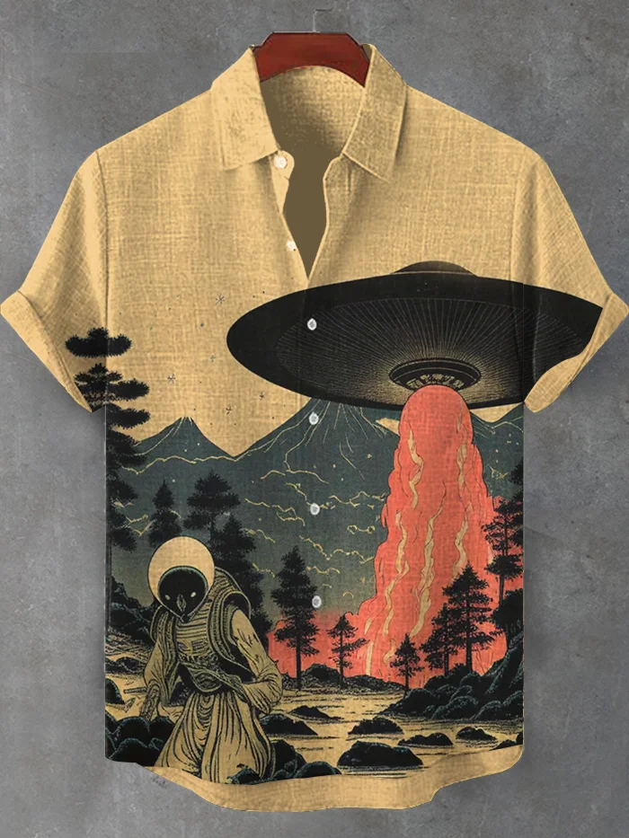 Men's Vintage Japan Mount Fuji UFO Art Casual Shirt