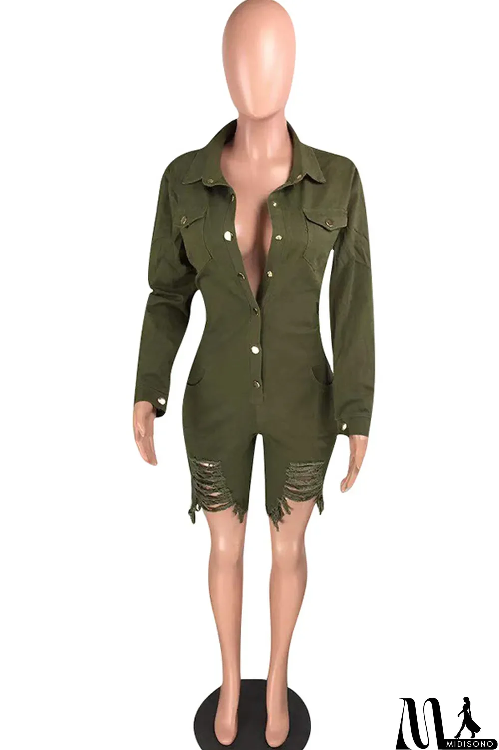 MidiSono - Black Sexy Solid Button washing Cotton Long Sleeve Turndown Collar Rompers