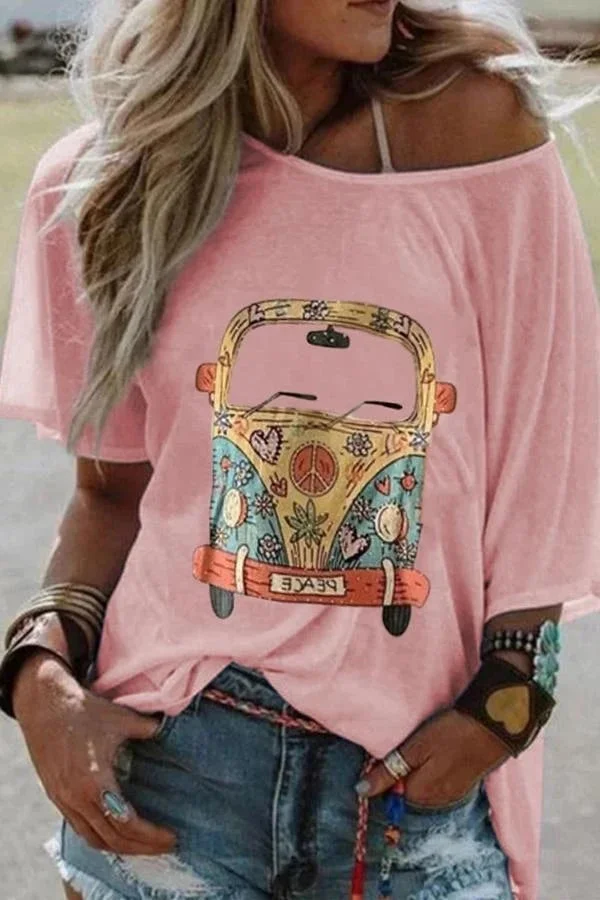Bus Printed Short Sleeve One Shoulder T-Shirt