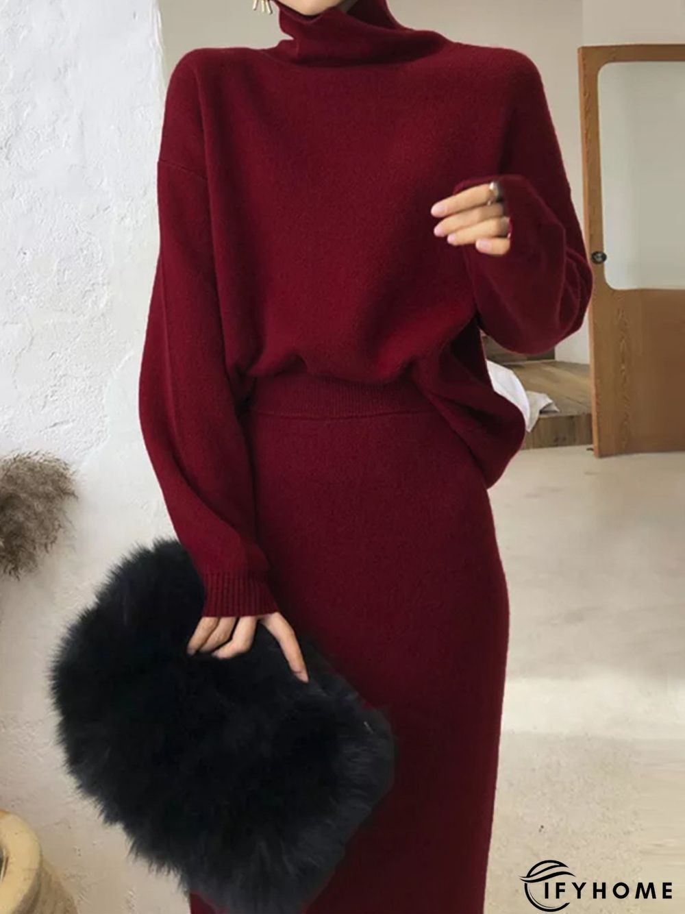 Elegant Plain Turtleneck Long Sleeve Two-Piece Set | IFYHOME