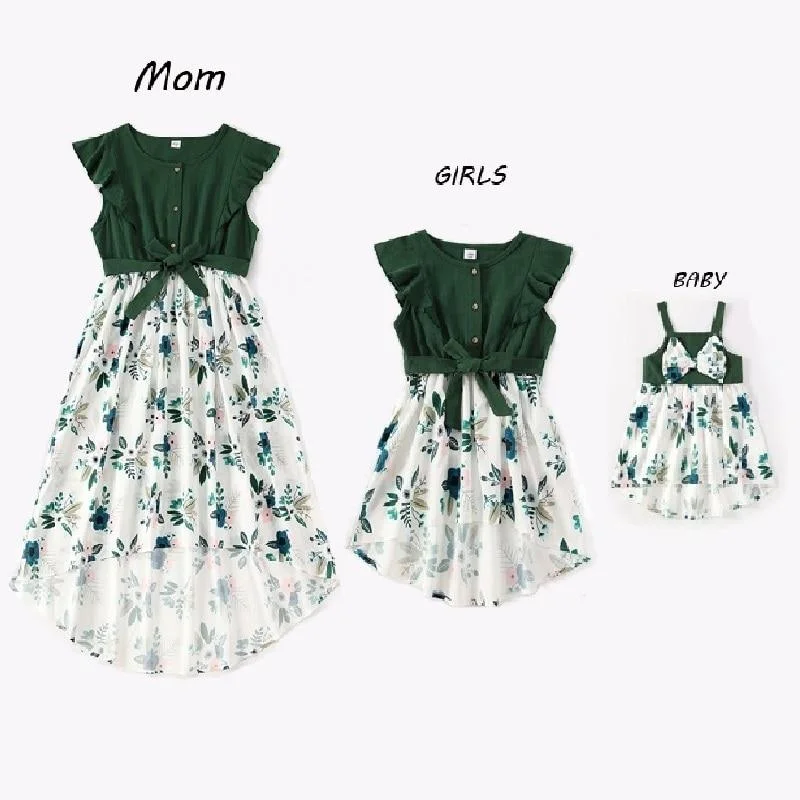 Irregular Mother Daughter Macthing Dresses Family Set Flower Mom Mum Baby Mommy and Me Clothes Fashion Women Girls Cotton Dress