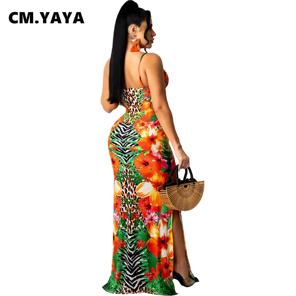 CM.YAYA Women Long Dress Print Sleeveless Strap V-neck Hole Hollow Out Stretchy Bodycon Maxi Dresses Sexy Fashion Outfit Summer
