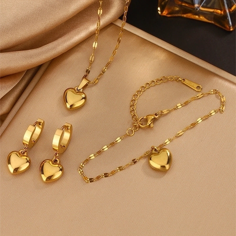 Fairy Style Cute Sweet Heart Shape 304 Stainless Steel 18K Gold Plated Jewelry Set