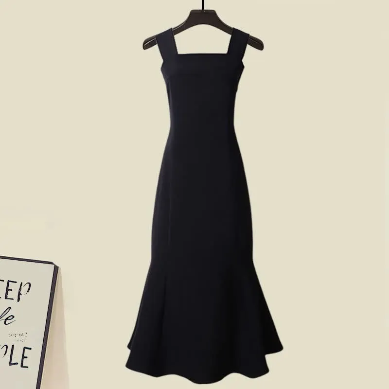 Colorblock Stripe Lace Up Sweater Fishtail A-line Slip Dress