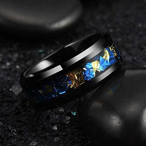 8MM Women's Or Men's Tungsten Carbide Wedding Matching Rings Black with Blue and Yellow Gold Foil Inlay