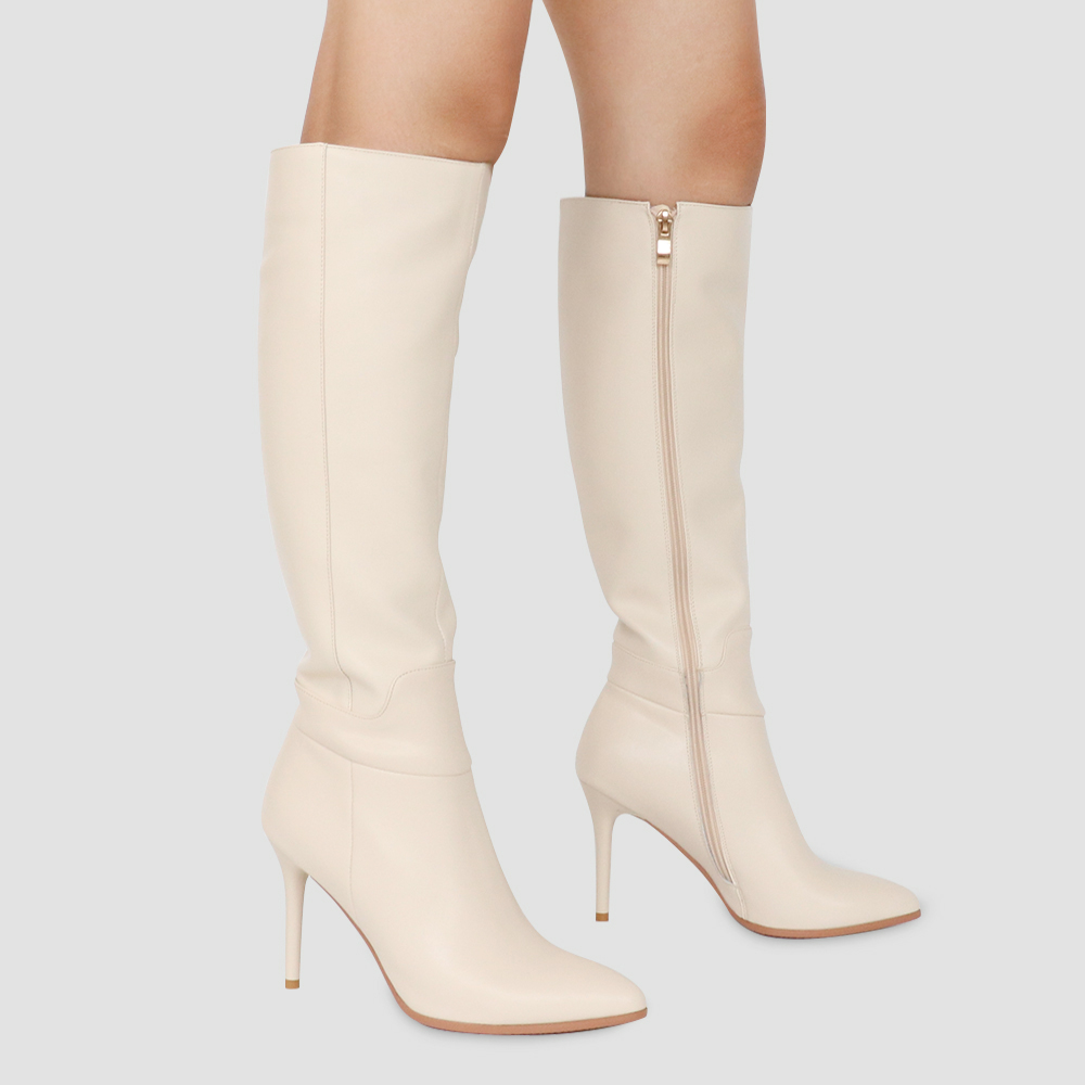9.5cm Zipper Leather Mid Heels Knee Boots-MERUMOTE