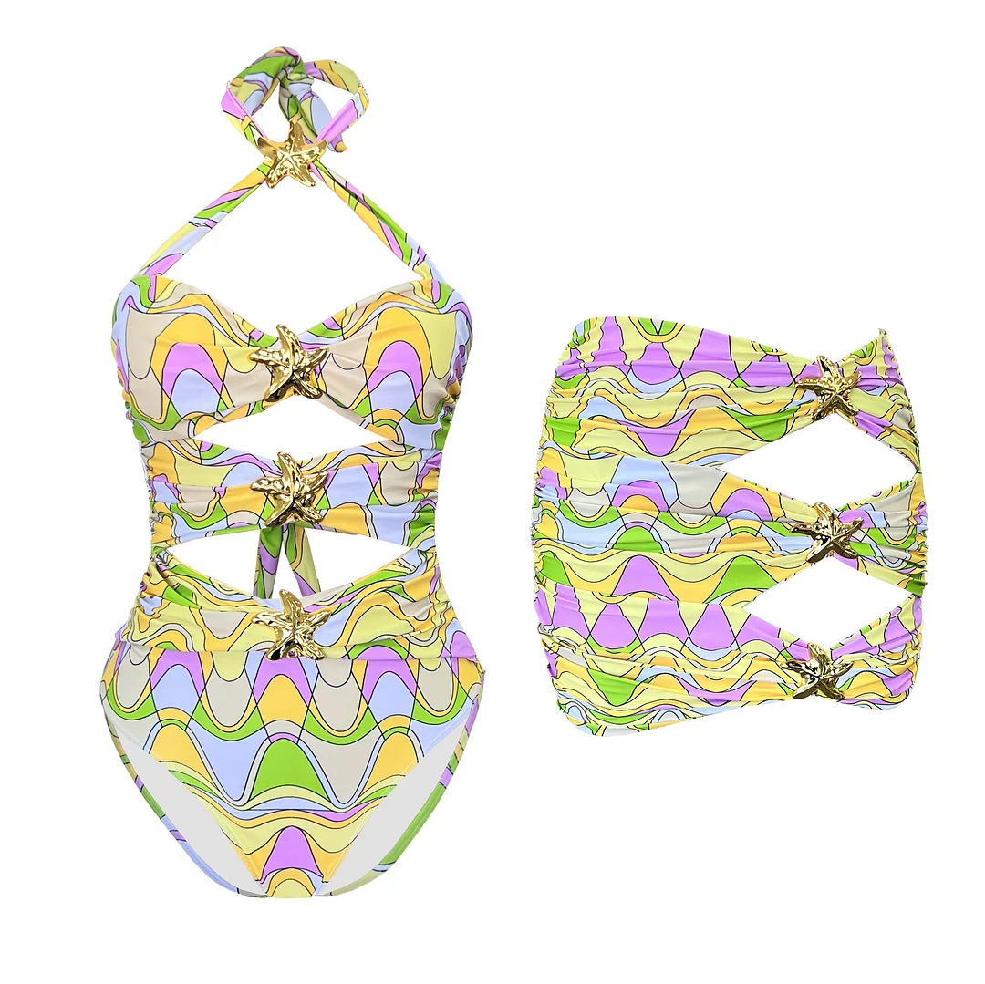 Uveng Sexy Hollow Strap One-Piece Swimsuit Woman 2025 New Swimsuit Half-Body Skirt Two-Piece