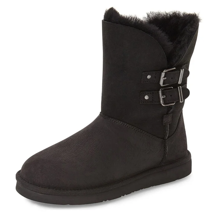Black Winter Boots Round Toe Flat Comfy Mid Calf Snow Boots Vdcoo