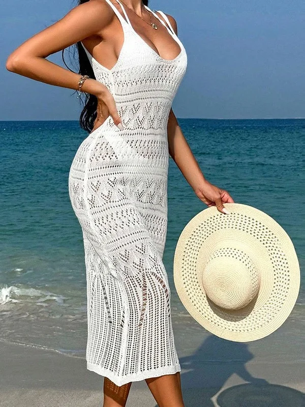 Athvotar Athvotar Beach Hoodie Sexy Long Hollow Knitted Slings Bareback Holiday Sunscreen Skirt