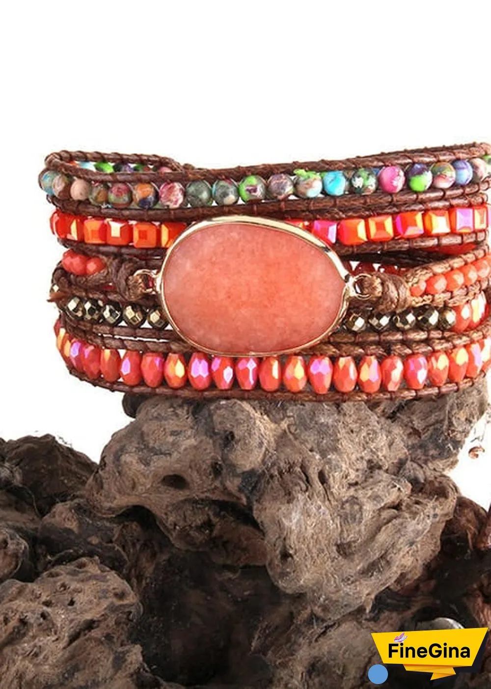 Boho Bracelet, RH 5 Layers Leather Wrap Bracelet, Natural Stones, Crystal Silver
