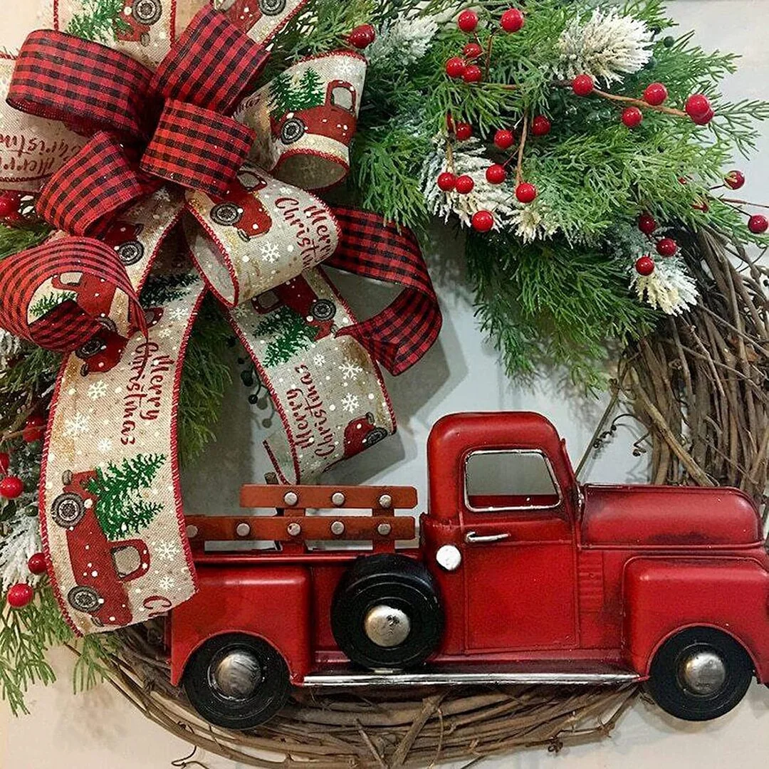 Red Farmhouse Truck Outdoor Christmas Wreath Winter Wreath