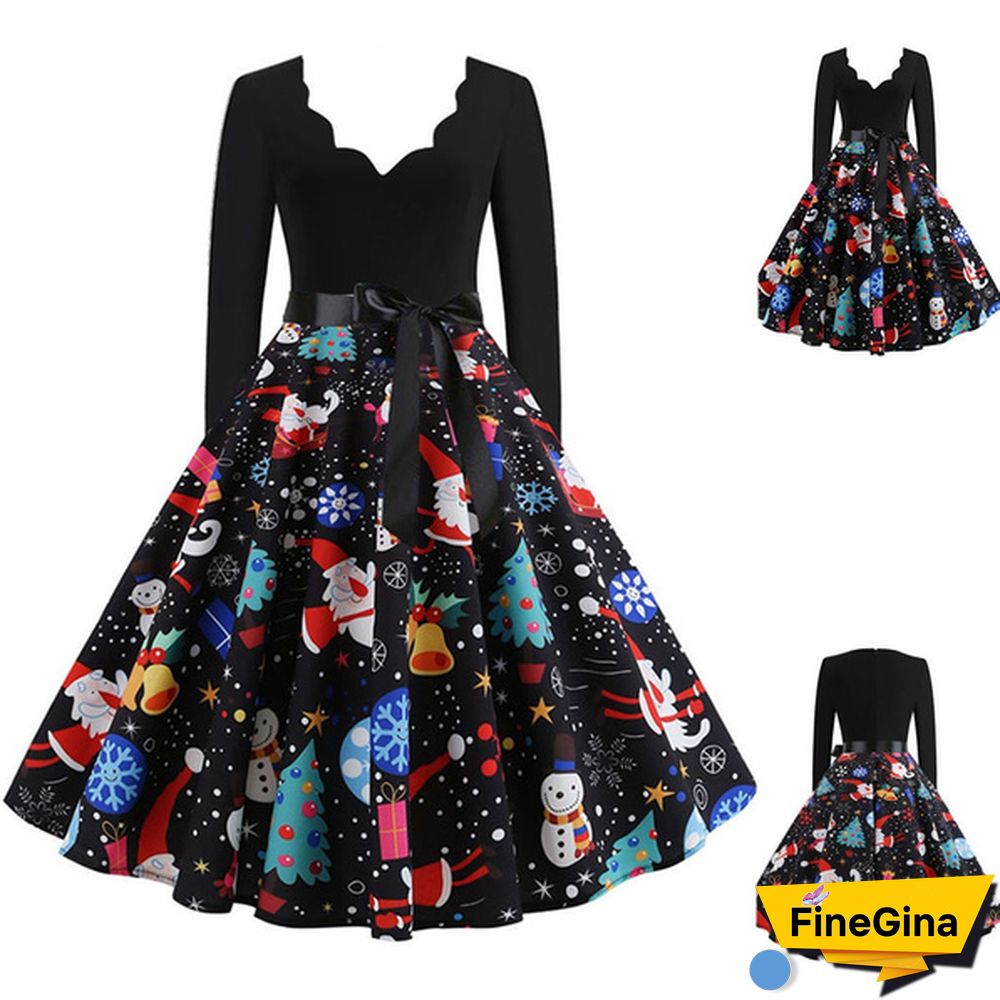 Womens Fashion Casual Dress Lace V Neck Christmas Deer Musical Notes Cat Print Santa Cluas Snowflake Dress Christmas Dress Print Vintage Flare Dress Bowknot High Waist Swing Dress