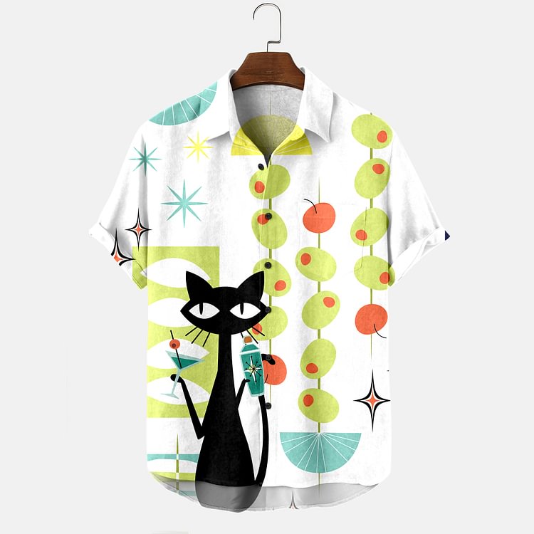 Men's casual vacation cat print shirt