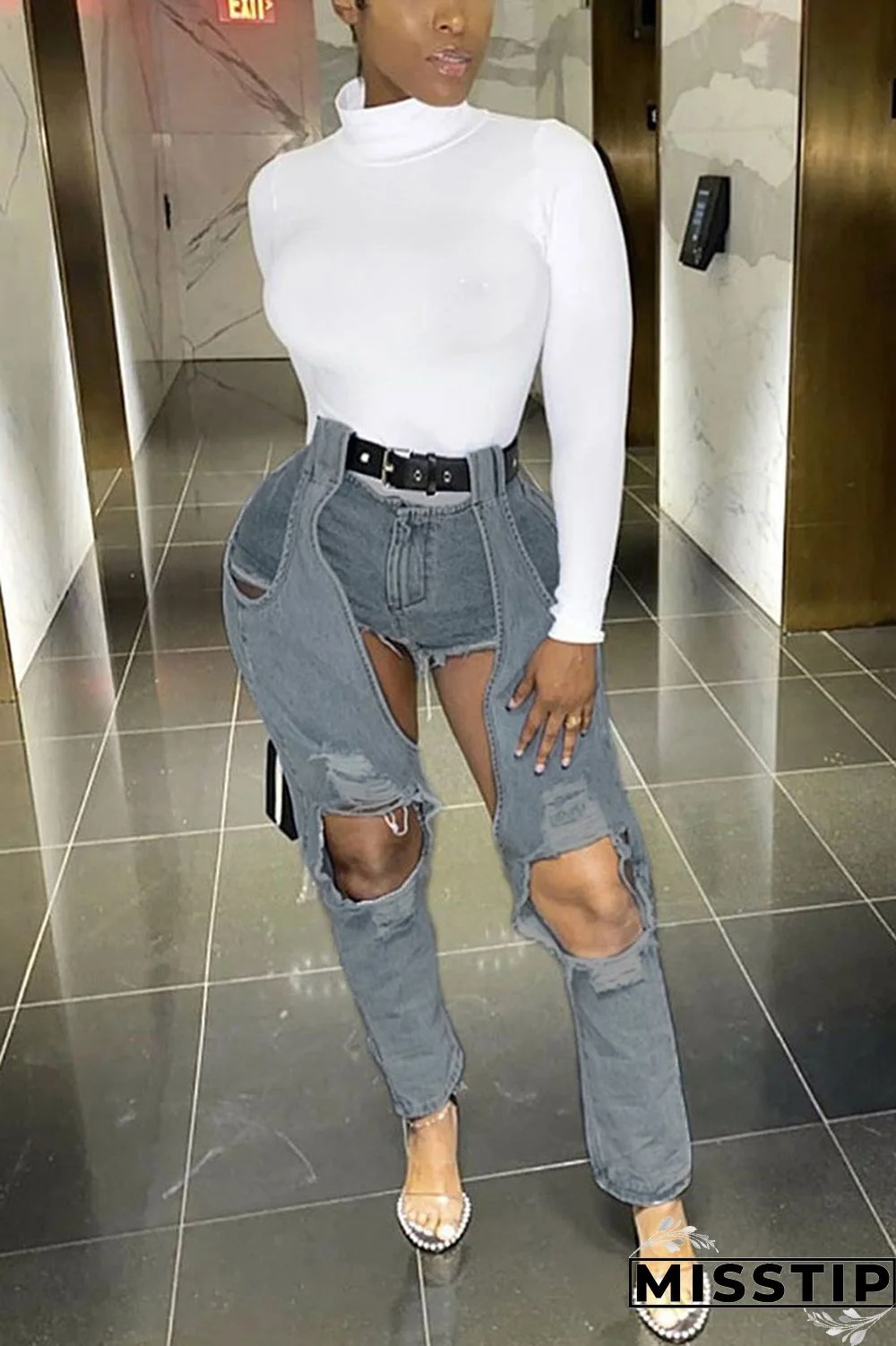 Light Blue Denim Zipper Fly Mid Solid Patchwork washing pencil Pants Pants