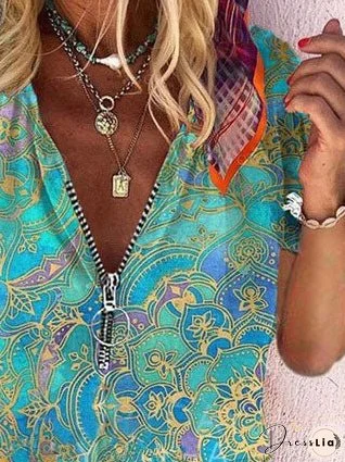 Printed Zipper V-neck Loose Short Sleeve T-shirts