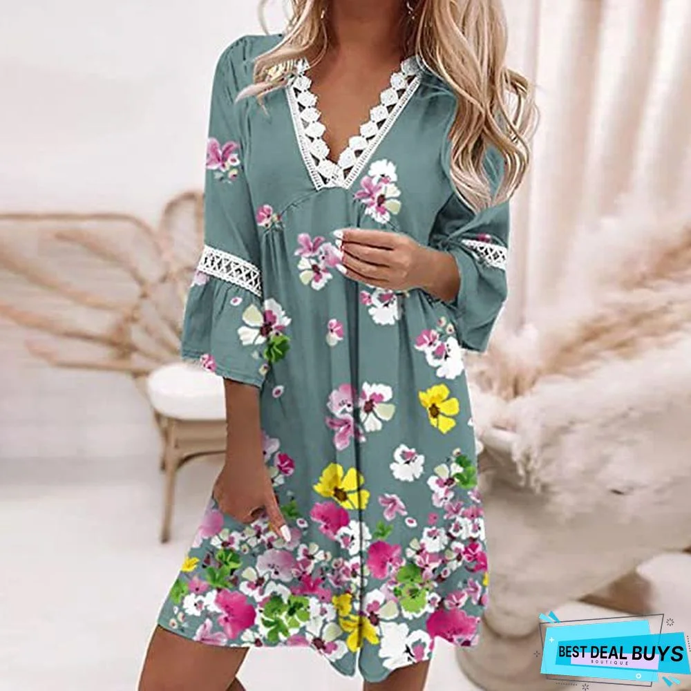 V-neck Printed Lace Stitched Bohemian Casual Holiday Dress