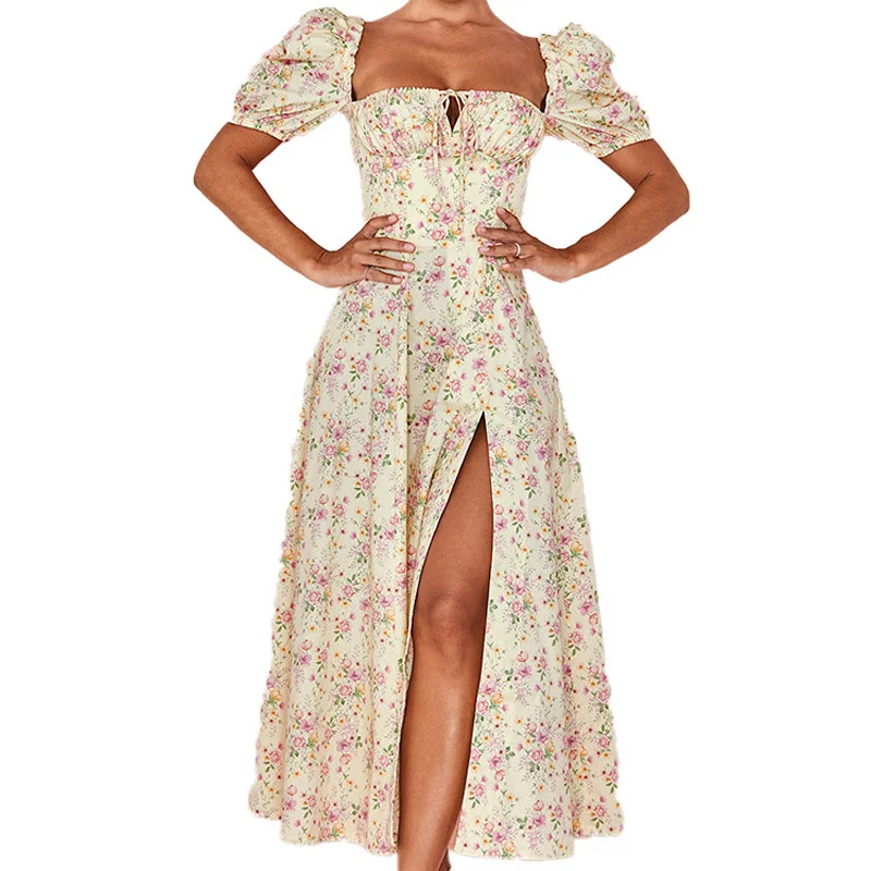 Nigikala Nigikala Women's Long-Term 2025 Women's Dress New Dress Summer Short-Sleeved French Fresh Floral Dress Square Dress