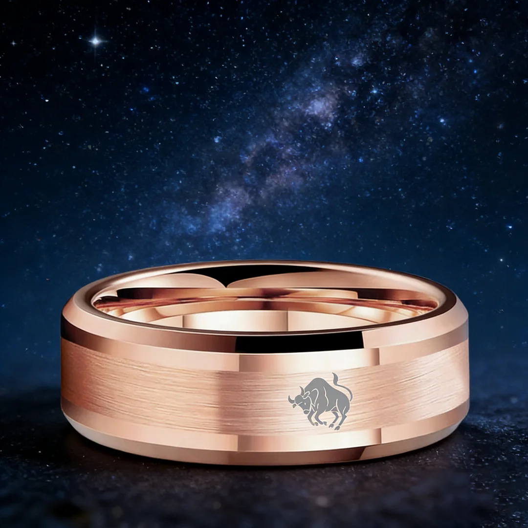 Mens Womens Rose Gold Taurus Tungsten Carbide Rings Rose Gold Edges and Laser Etched Wedding Band Comfort Fit 4MM 6MM 8MM Width