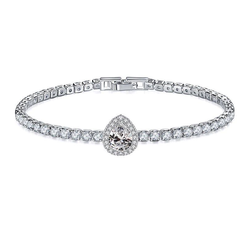 Copper Rhodium Plated Minimalist Shiny Inlay Round Water Droplets Heart Shape Zircon Tennis Bracelet