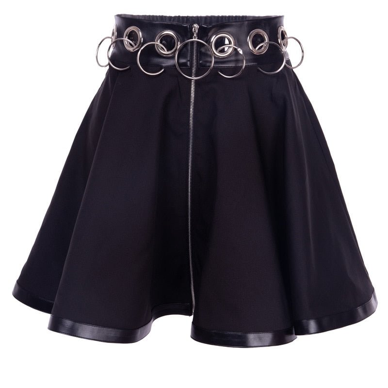 Women A-line Gothic Skirt Summer Sexy Hoop Hollow Out Pleated Skirts Goth Black Iron Ring Female Mini Short Skirts Casual Skirt