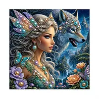 Blue Wolf Fantasy Woman - Pearls Painting
