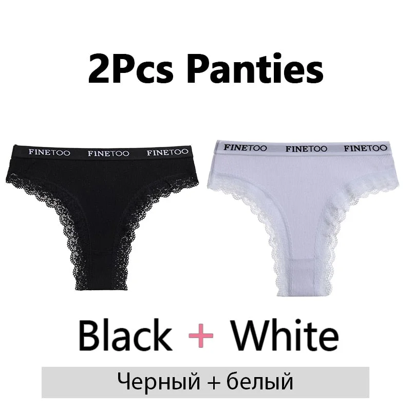 FINETOO 2Pcs/Set Cotton Panties for Women Sexy Ladies Lace G-string Solid Color Thongs Girls Plus Size M-2XL Underwear Lingerie