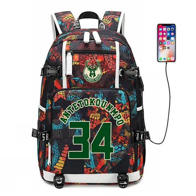 Buzzdaisy Milwaukee Basketball Bucks Giannis USB Charging Backpack School NoteBook Laptop Travel Bags