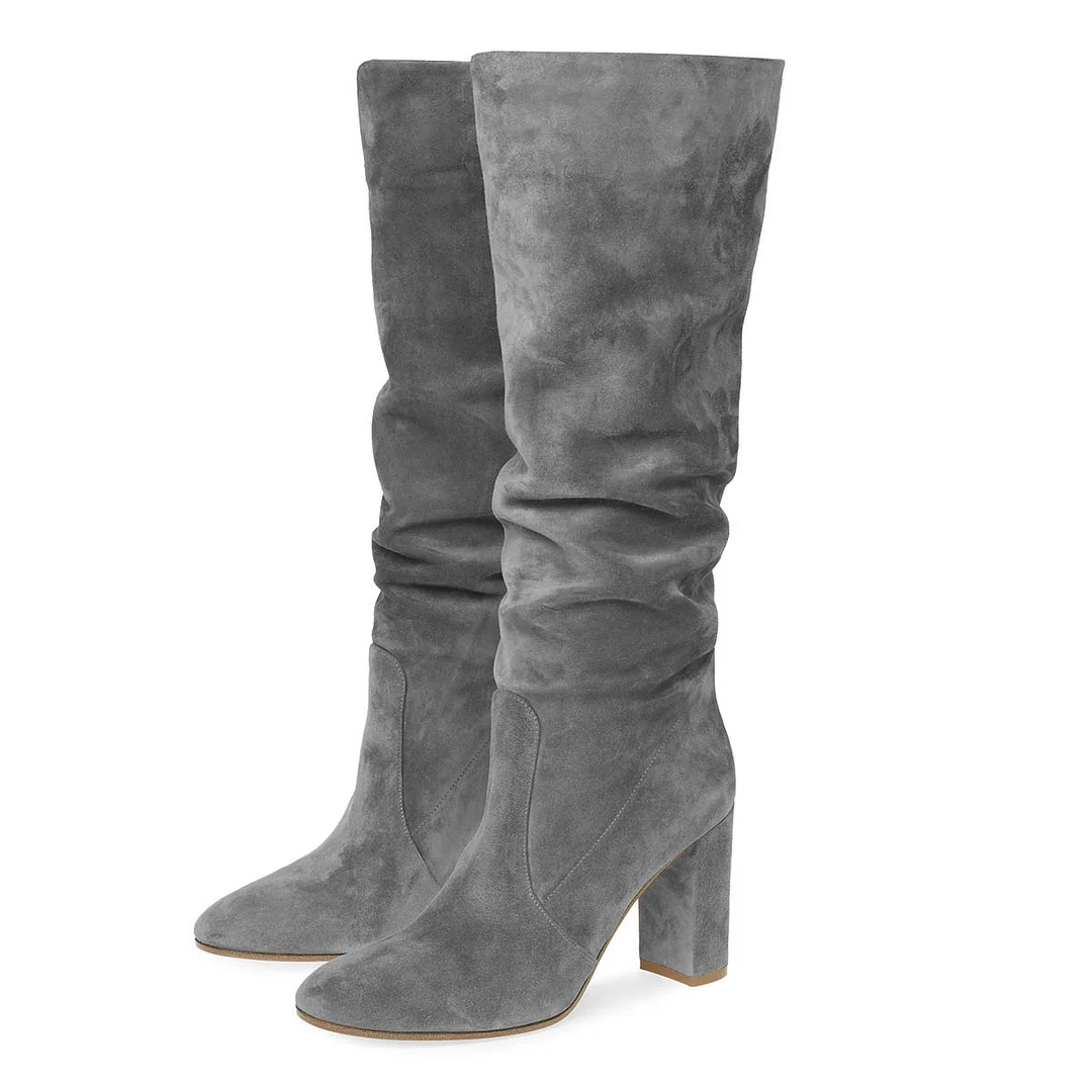 Grey Vegan Suede Chunky Heel Slouchy Round Toe Tall Boots for Women