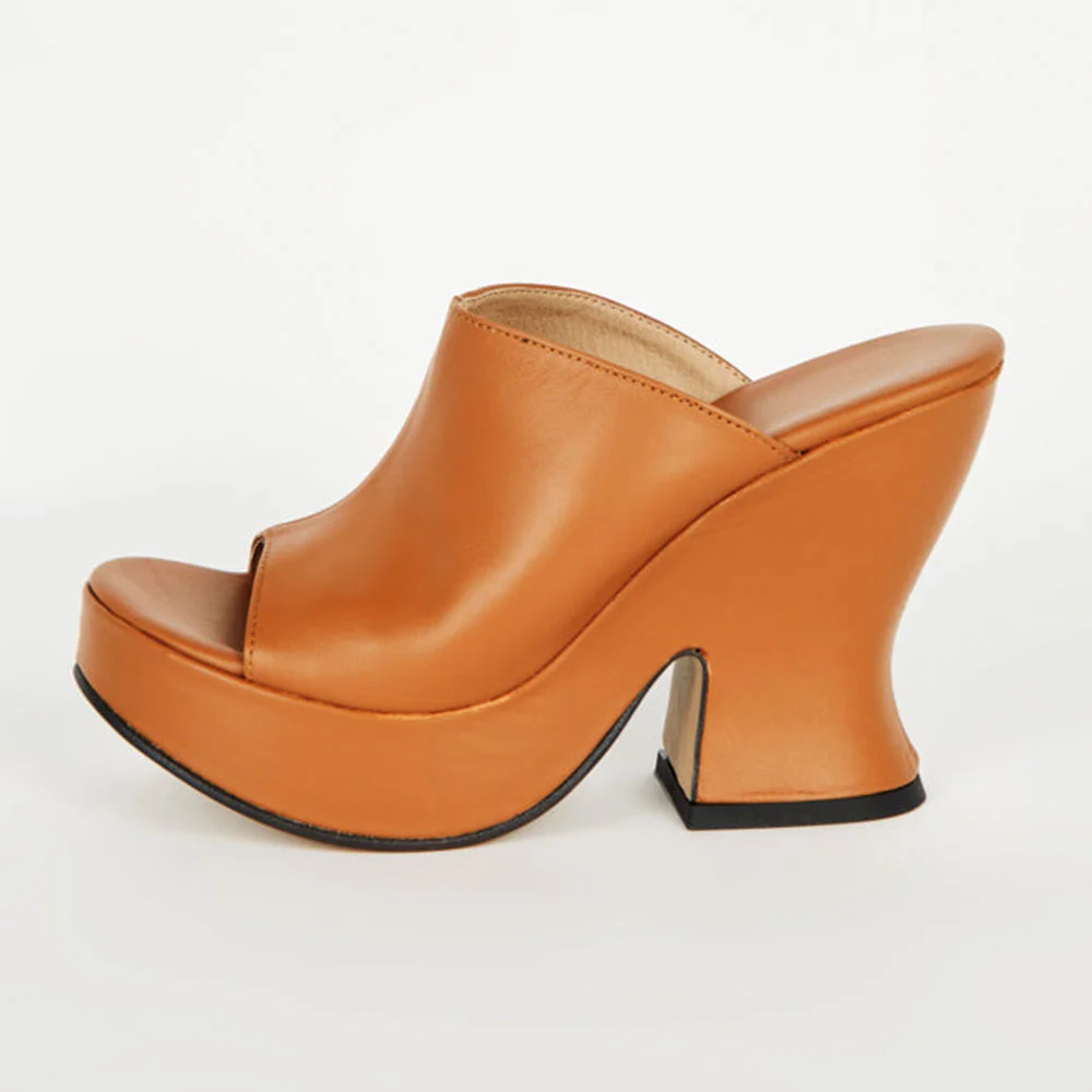 Women's Tan Open Toe Wide Strap Casual Slip On Platform Mule Heels