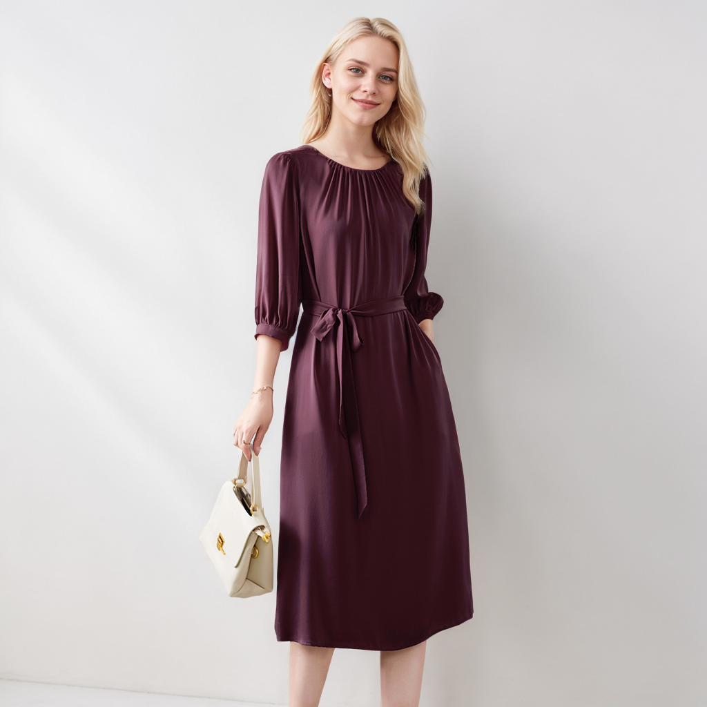 Silk Dress with Belt Solid Color Temperament REAL SILK LIFE