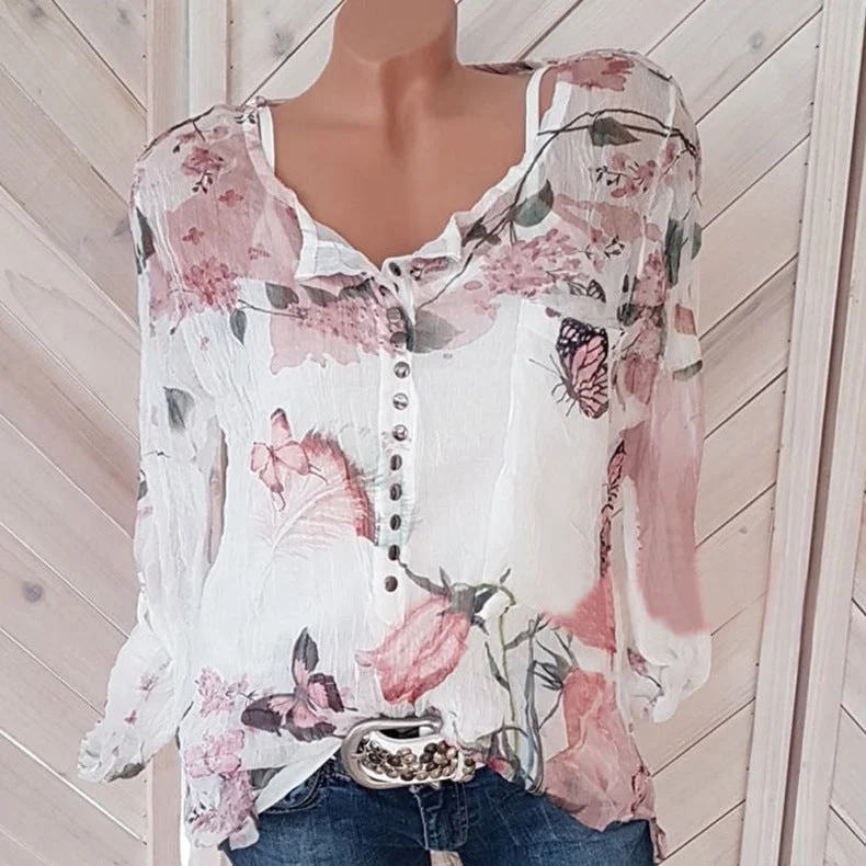 V-neck button long sleeve printed chiffon top