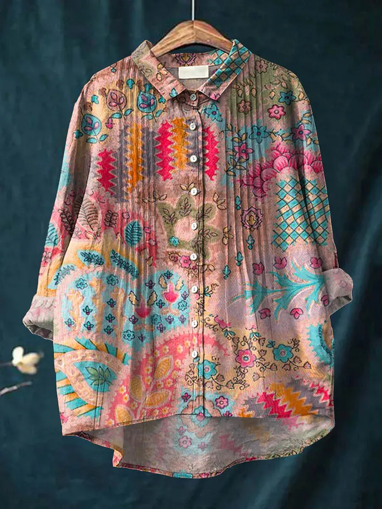 Women's Vintage Floral Art Print Casual Cotton And Linen Ruffle Shirt