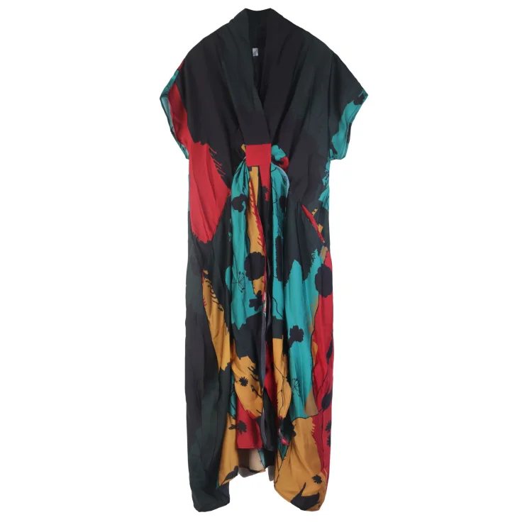 Elegant V-neck Contrast Colors Plant Printed Ribbon Irregular Dress      