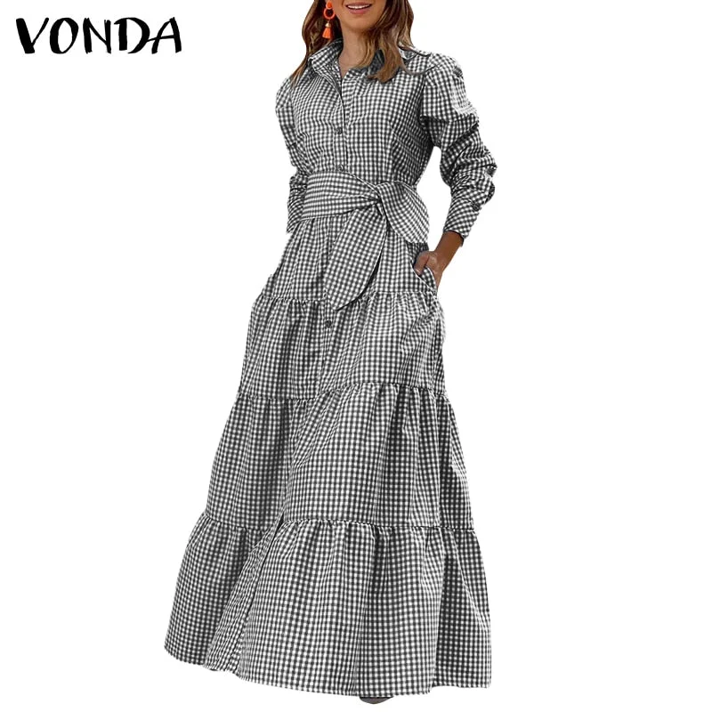 2022 Summer Bohemian Plaid Shirt Dress VONDA Women Long Sleeve Party Dresses Casual Lapel Button Vintage Belted Pockets Sundress