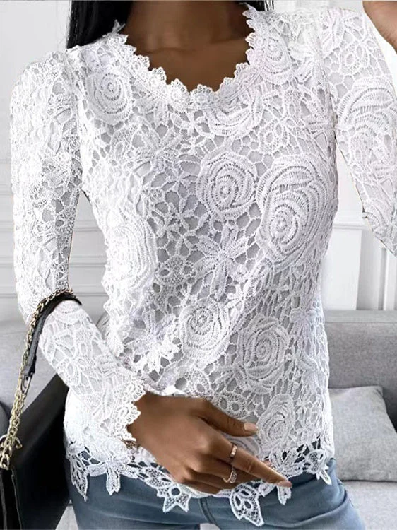 Women Long Sleeve Scoop Neck Solid Color Lace Tops