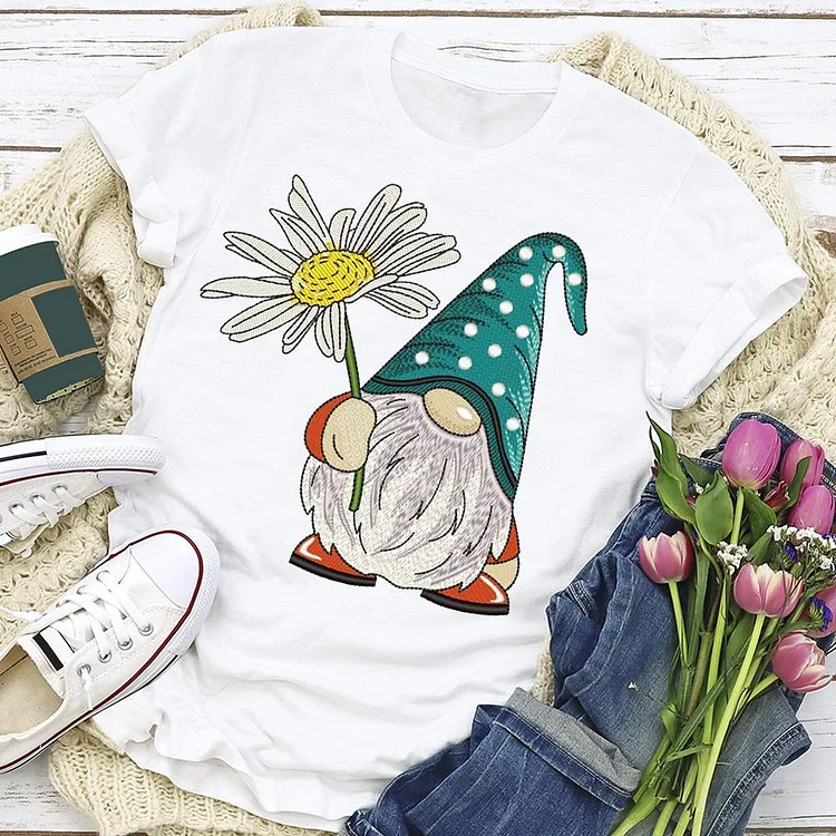Gnome among flowers T-Shirt Tee --Annaletters