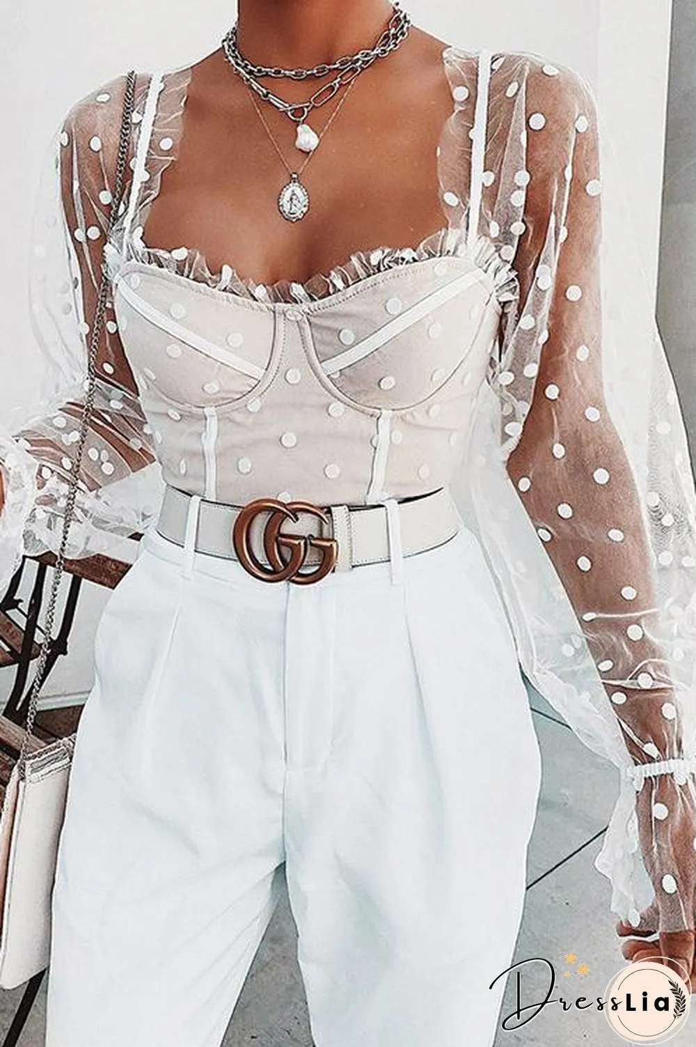 Dot See Though Long Sleeve Crop Top