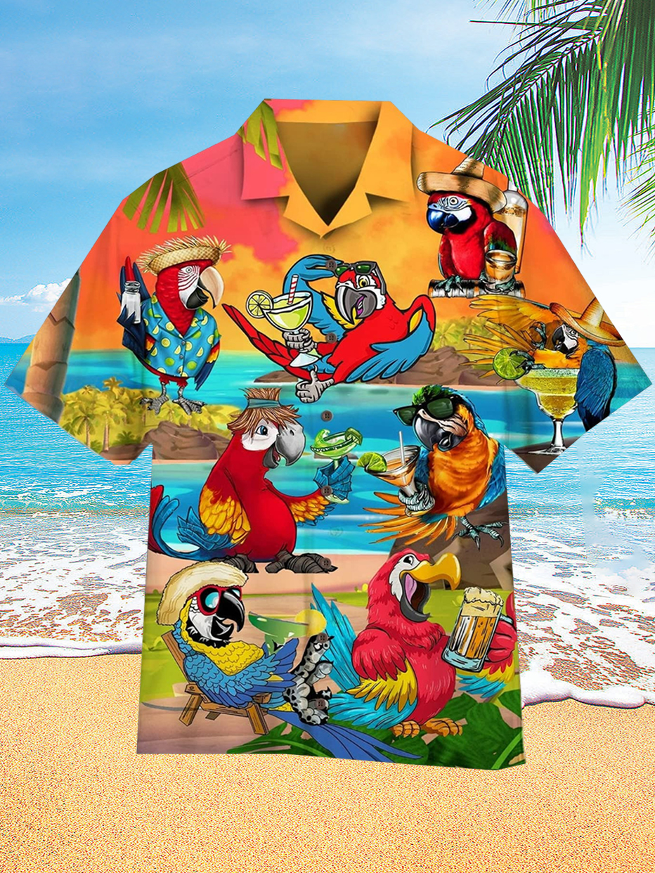Mens Funny Parrot Drinking Hawaiian Print Vacation Short Sleeve Shirt PLUSCLOTHESMAN