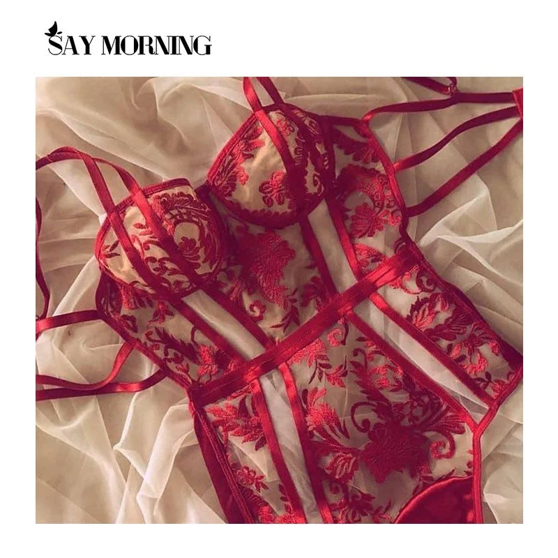 SAY MORNING Embroidered Hollow Sexy Women's Patchwork Bodysuit Underwear Set Lace Perspective One-Piece Erotic Lingerie